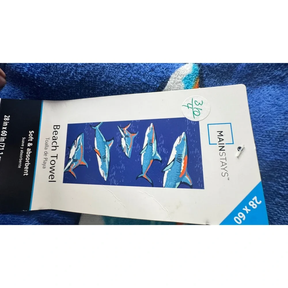 Mainstays Shark Beach Towel Blue White Orange Soft Absorbent 28 x 60 NWT